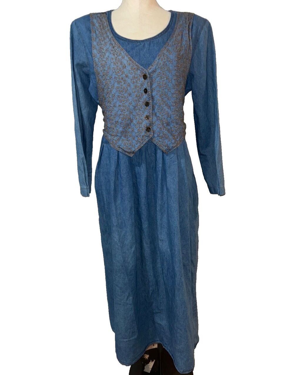 Stuart Alan Vintage Denim Chambray Vest Layered Maxi Dress size 14 Western